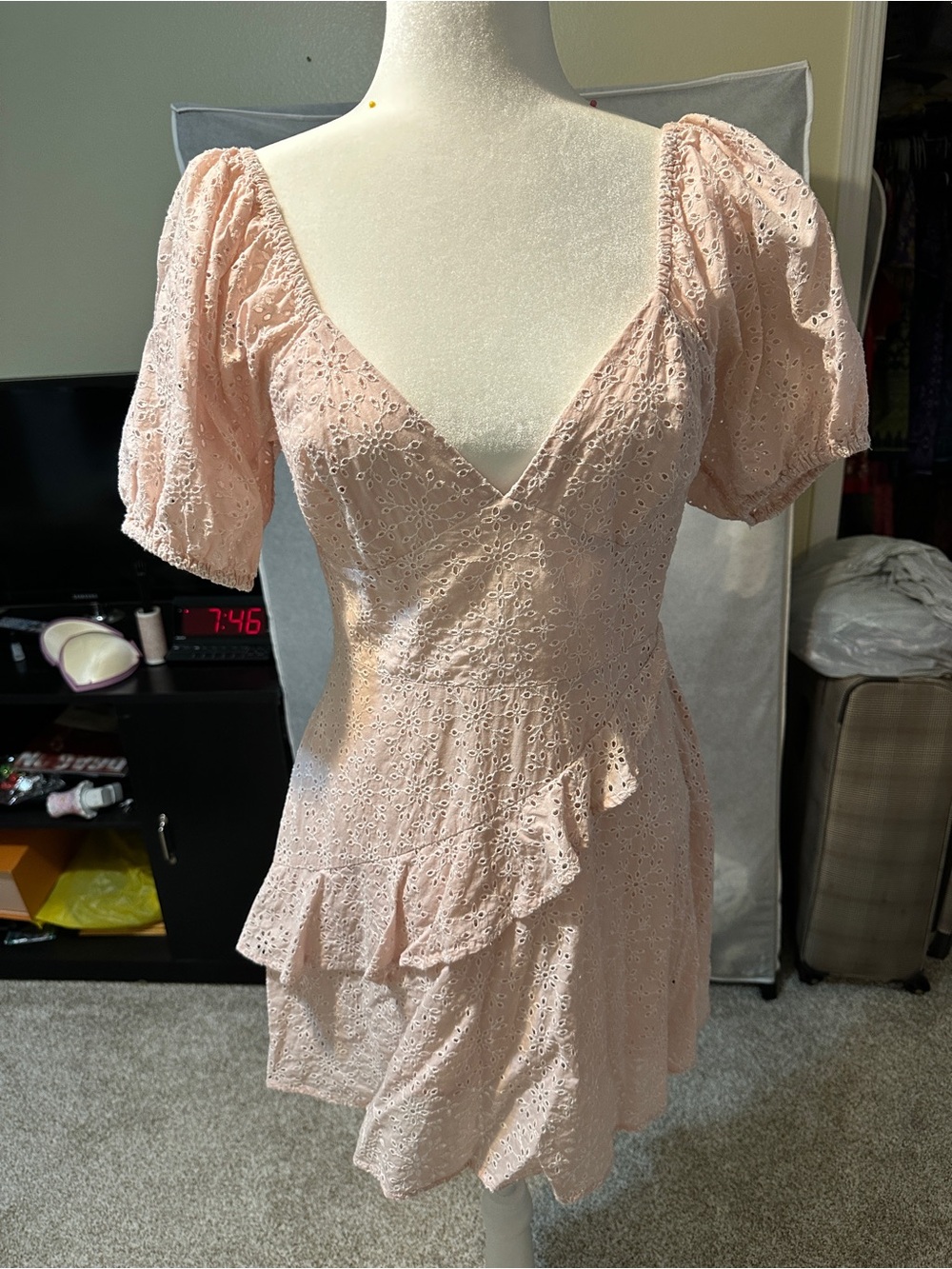 BCBG-Blush Eyelet Puff-Sleeve Mini Dress